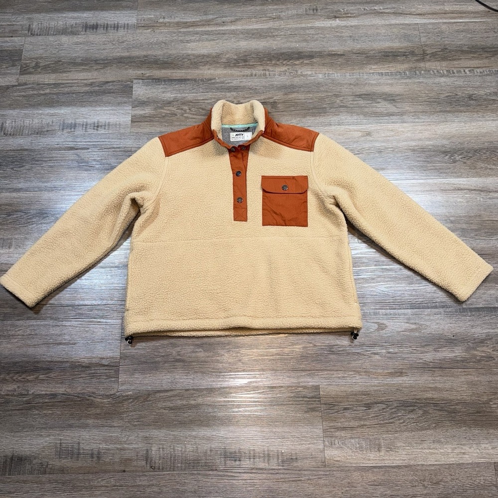 Jetty Shirt Mens Large Sherpa Fleece 1/4 Snap Button Pullover Tan Brown Orange